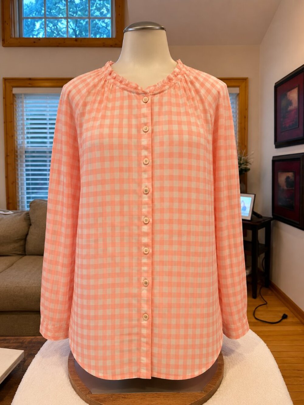 Talbots Pink Gingham Ruffle Neck Button Front Blouse Medium 100% Cotton